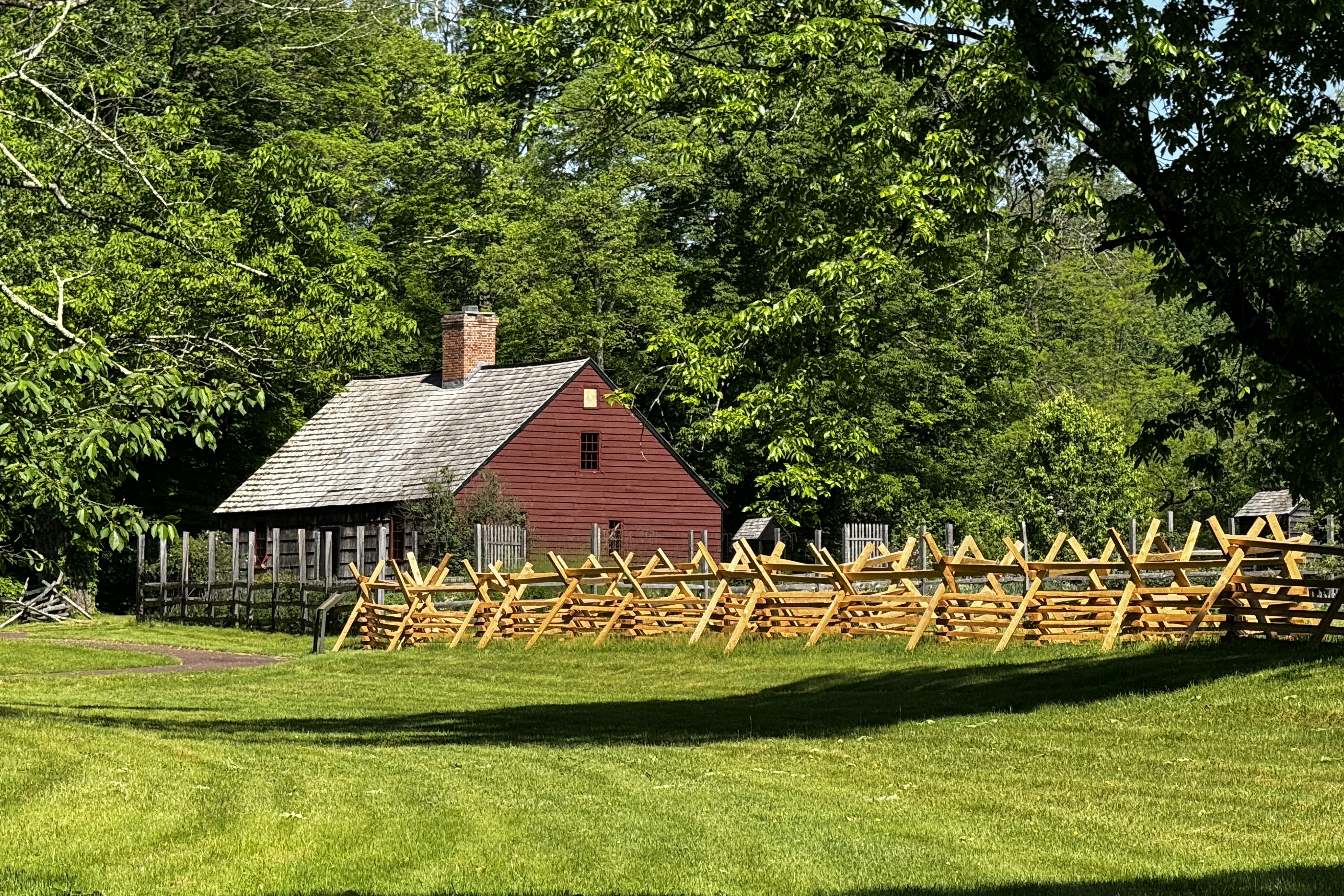 snake fence and historic building at Jockey Hollow in Harding NJ